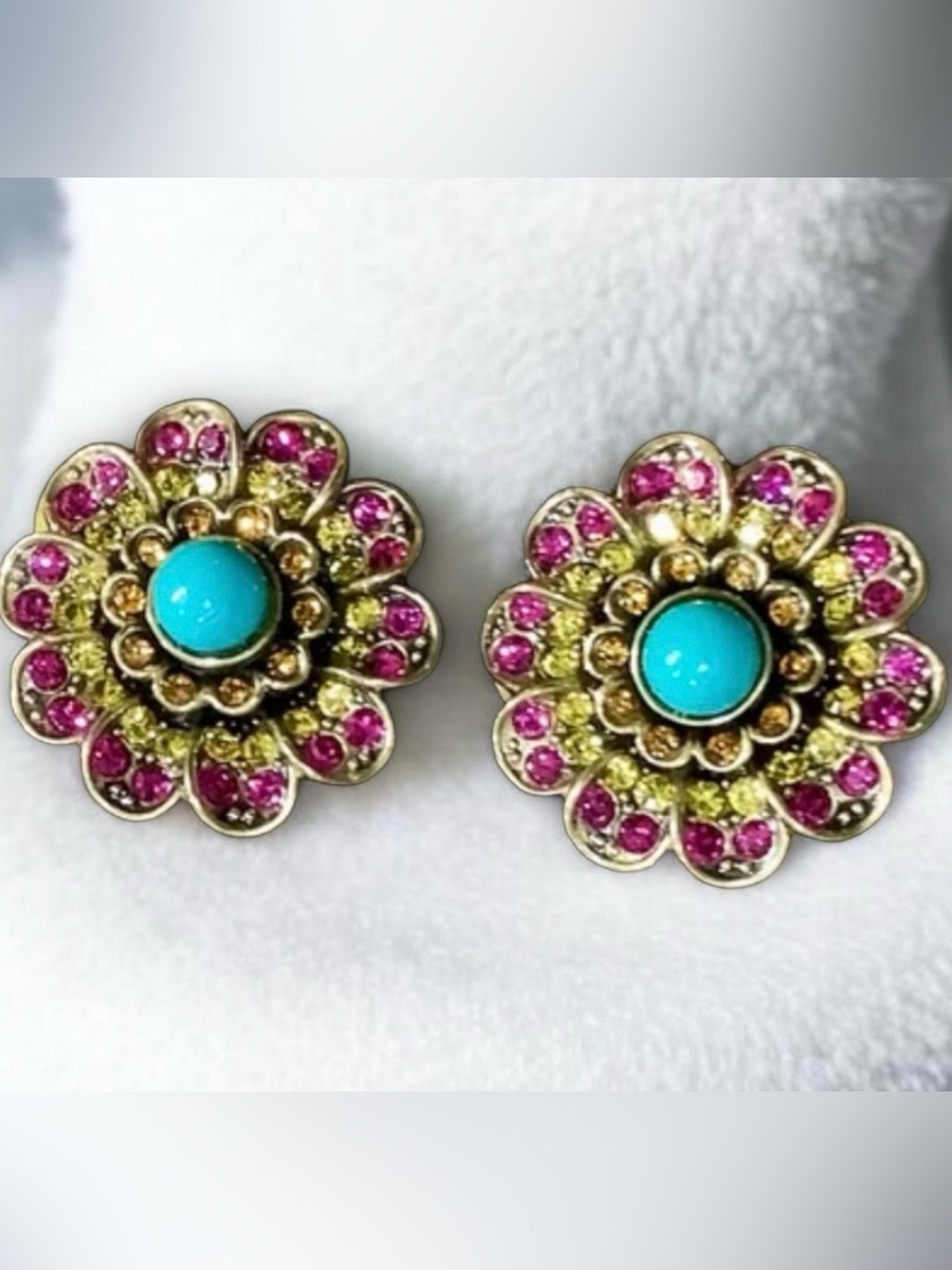 Heidi Daus Floral Gold, Pink and Turquoise Earrings. NWOT
